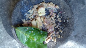 Bumbu yang sudah diuleg, kecuali laos (dikeprek ) dan daun salam (dimasukkan ke dalam rebusan).